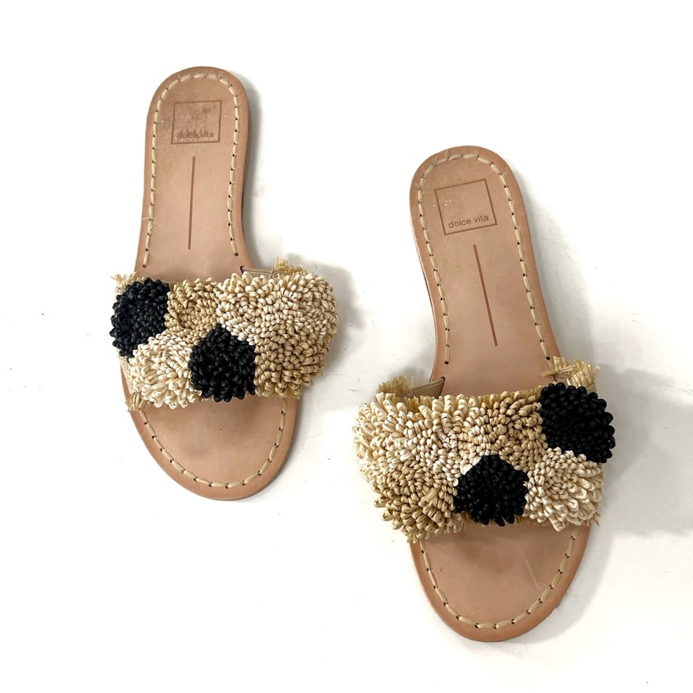 Dolce Vita Raffia Pom Slide Sandals Size 9.5 Neutral Black Tan